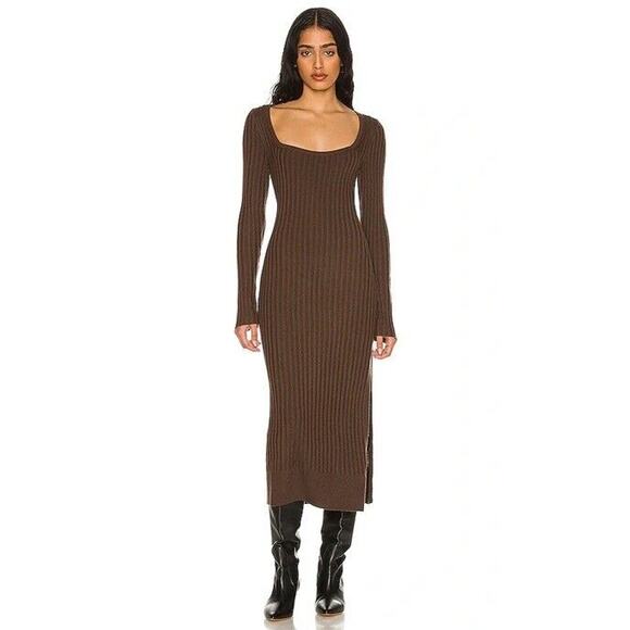 PAIGE Benita Chocolate Brown Y2K Long Sleeve Midi Sweater Dress Ribbed XL NWT - Picture 2 of 5